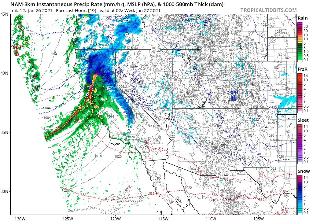 The cold frontal passage is expected to be quite dramatic across NorCal in the overnight hours. A convective "narrow cold frontal rainband" (NCFR) will likely develop, which could bring a period of torrential rain or snow to many areas, as well as possible lightning. (3/10)  #CAwx