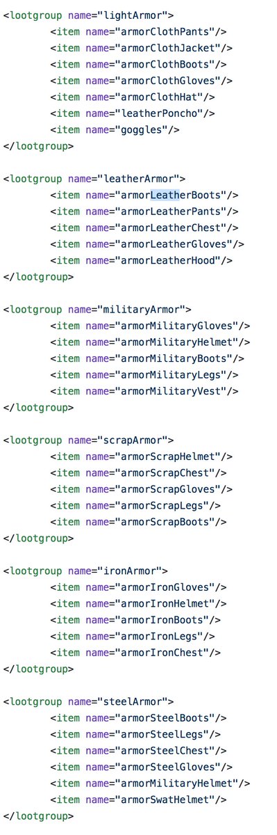 On my work break today I decided to go into the .xml files for 7 Days to Die and find out why exactly the game favors certain character types. To start, let's look at armor. Here's the XML for different armor types: