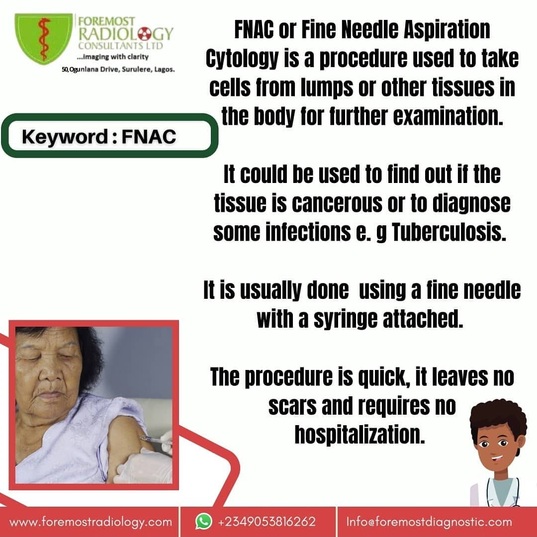 foremostdiag's tweet photo. FNAC procedure FNAC or Fine Needle Aspiration Cytology is a common diagnostic procedure and one of so many Pathology procedures we offer at our clinic. See banner for more details 👇
#radiologycentersinlagos #foremostradiology #surulere #yaba #surulereclinics #doctorsinlagos https://t.co/7LaBoJcT7M