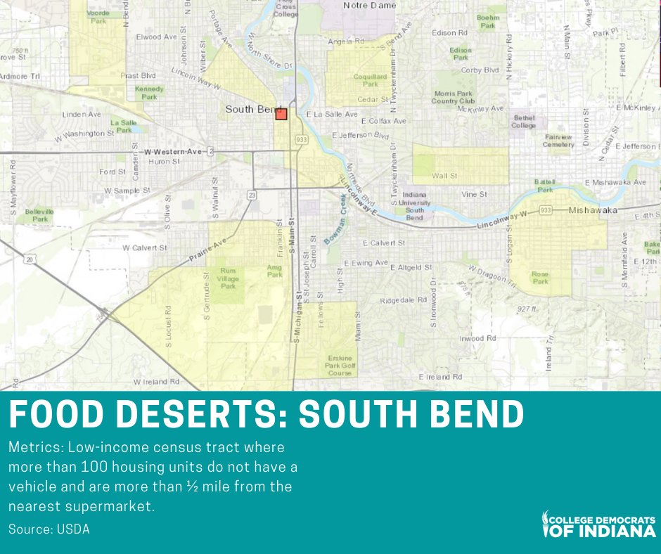 CollegeDemsIN's tweet image. 🚨 THREAD: Let's talk about food deserts, an area with limited access to affordable &amp;amp; nutritious food. Below are maps showing our college campus chapters.

Do these maps bother you? Contact your reps about @SenatorJDFord's SB170, establishing a food desert grant program. (1/2)
