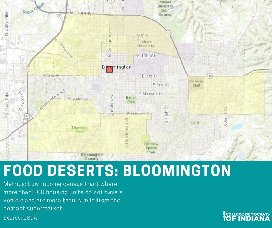 CollegeDemsIN's tweet image. 🚨 THREAD: Let's talk about food deserts, an area with limited access to affordable &amp;amp; nutritious food. Below are maps showing our college campus chapters.

Do these maps bother you? Contact your reps about @SenatorJDFord's SB170, establishing a food desert grant program. (1/2)