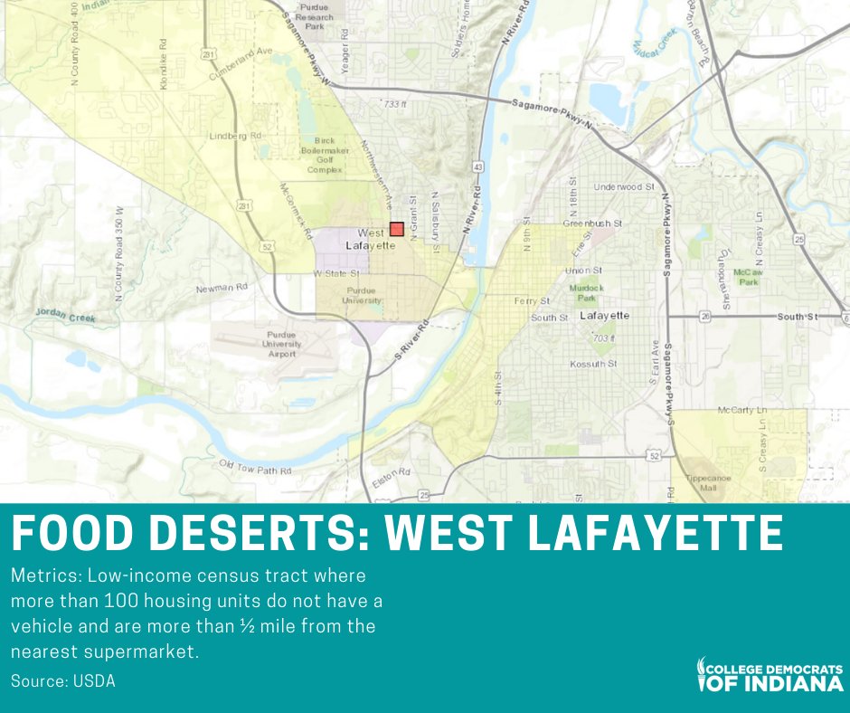 CollegeDemsIN's tweet image. 🚨 THREAD: Let's talk about food deserts, an area with limited access to affordable &amp;amp; nutritious food. Below are maps showing our college campus chapters.

Do these maps bother you? Contact your reps about @SenatorJDFord's SB170, establishing a food desert grant program. (1/2)