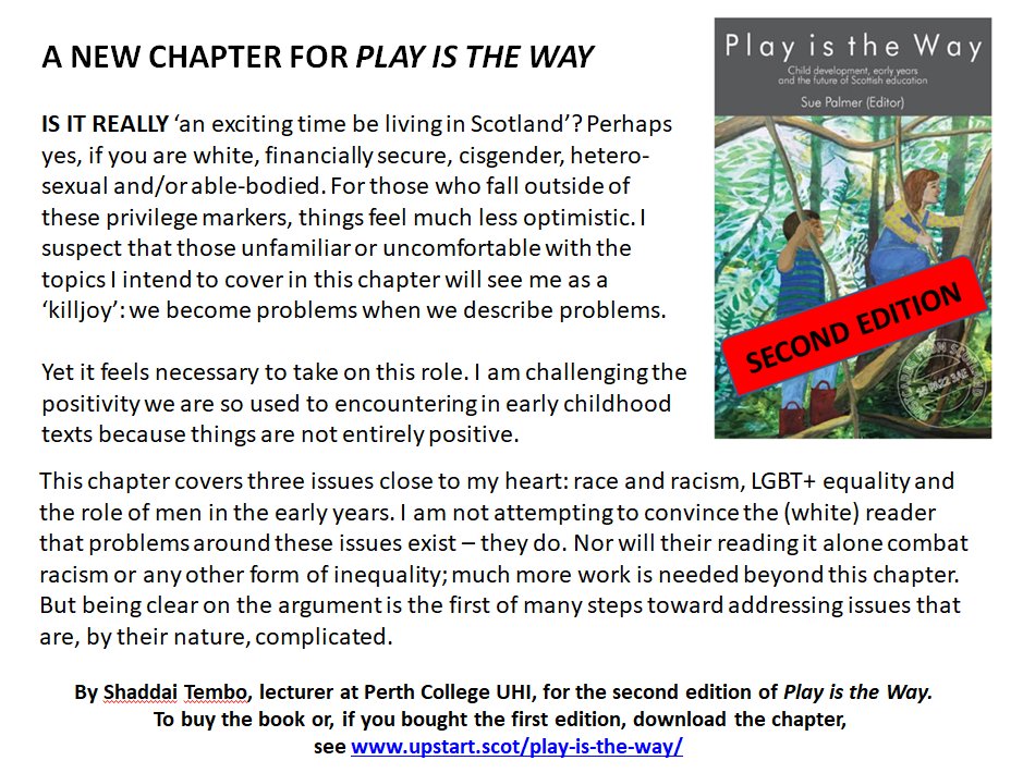 BREAKING NEWS! #PlayIsTheWay has gone into a second edition! The 3rd reprint in 3 months contains an extra chapter on equality&amp; diversity. Now available via upstart.scot/play-is-the-way. 
<a href="/KateJohnston3/">Kate Johnston</a> <a href="/cathymac59/">catherine mcculloch 💙</a> <a href="/suzannezeedyk/">Suzanne Zeedyk</a> <a href="/cathymac59/">catherine mcculloch 💙</a> @GilchristGeorge <a href="/GiveTimeScot/">Give Them Time</a> <a href="/craig_carol/">Carol Craig</a>