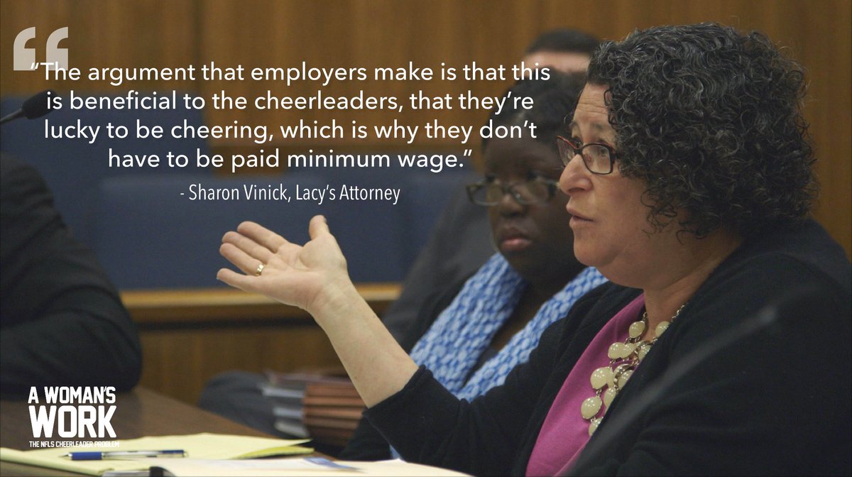AWomansWorkDoc's tweet image. &quot;The argument that the employers make is that this is beneficial to the cheerleaders, that they&apos;re lucky to be cheering, which is why they don&apos;t have to be paid minimum wage. &quot; - @srvinick employment attorney

Watch #AWomansWorkDoc, out today: geni.us/AWomansWork