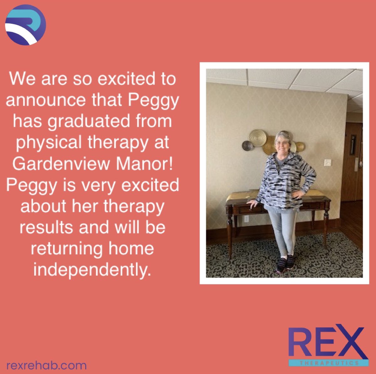 RexTherapeutics's tweet photo. Congrats Peggy!!🎉 #rextherapeutics #patientsuccessstory #pt #ot #st https://t.co/2xUzskbzEI