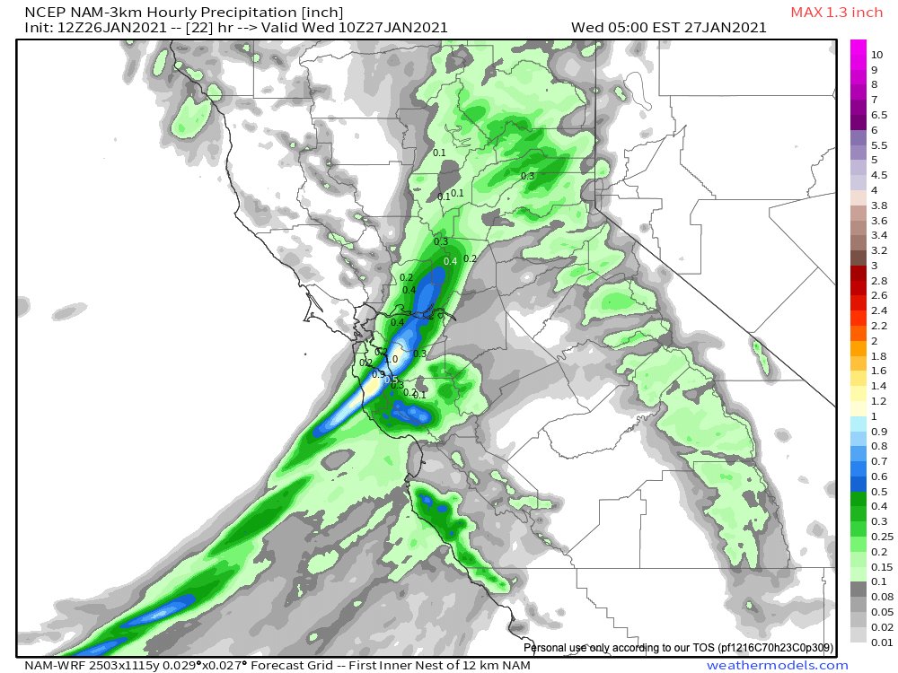 Extremely heavy precipitation is possible for a 30-60+ minute period when this NCFR feature moves ashore. Over an inch of rain could fall per hour in some spots. This portion of the event poses a high threat of debris flows in/near recently burned areas. (4/10)  #CAwx