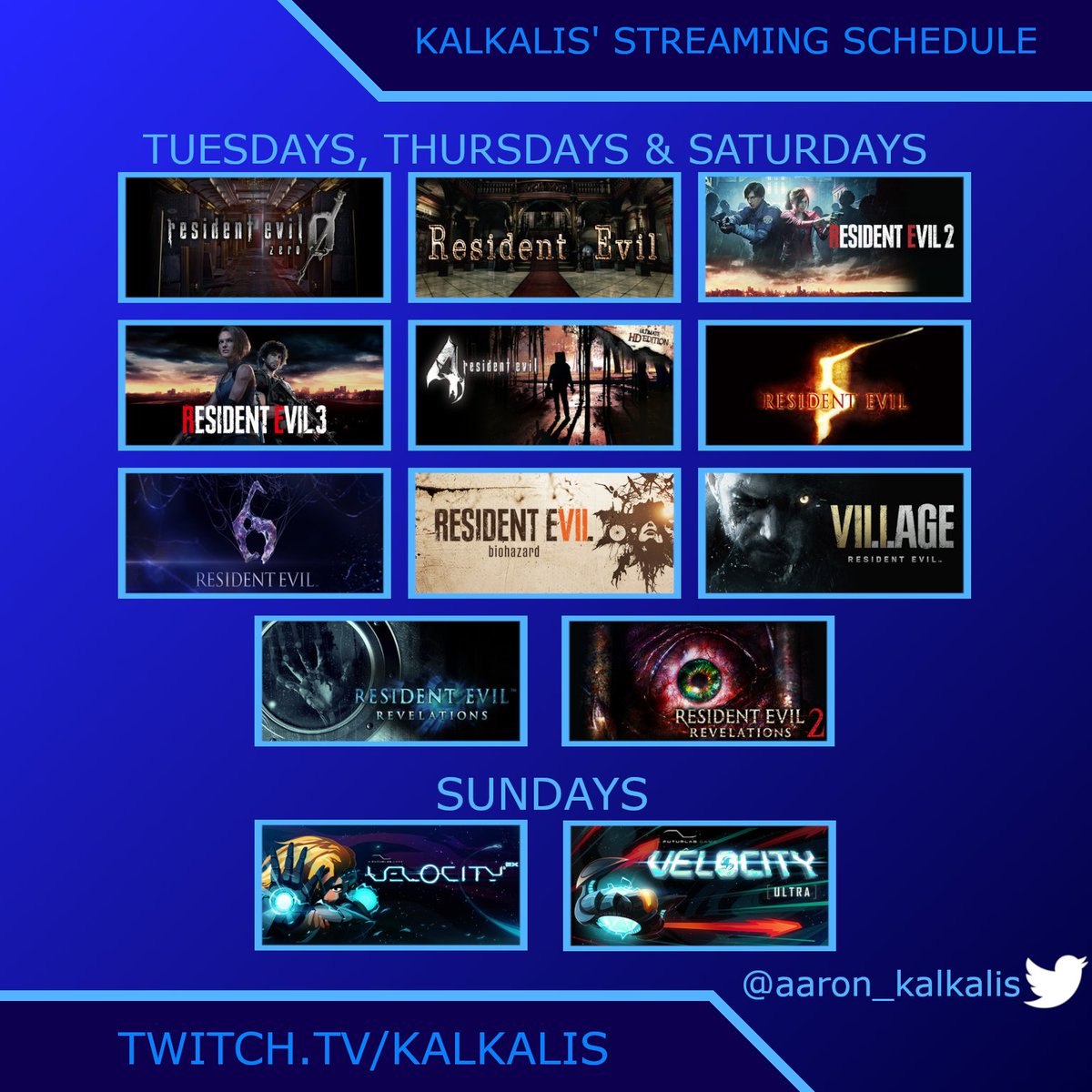 Now that the Steam Velocity 2X Leaderboards have been floored:

Thanks to the recent release date announcement of RE:Village by <a href="/RE_Games/">Resident Evil</a>, my schedule will look like this! Sundays will be Velocity Speedruns 

And it starts tonight at 10PM GMT with RE:0!

#twitchtv #ResidentEvil