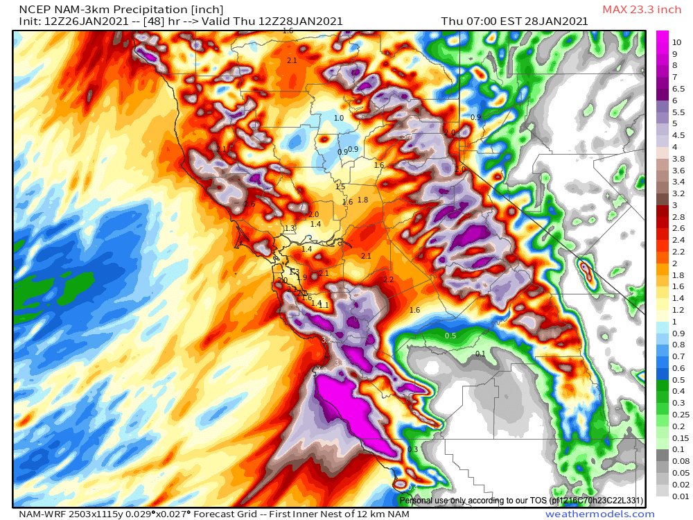 Then, on Wednesday, the  #AtmosphericRiver/associated cold frontal rainband will likely stall along Central Coast (near border of Monterey/SLO counties). High-res models are suggesting potential for *extreme* 48hr rainfall accums, & very high flood/mudslide risk there. (8/10) #CAwx
