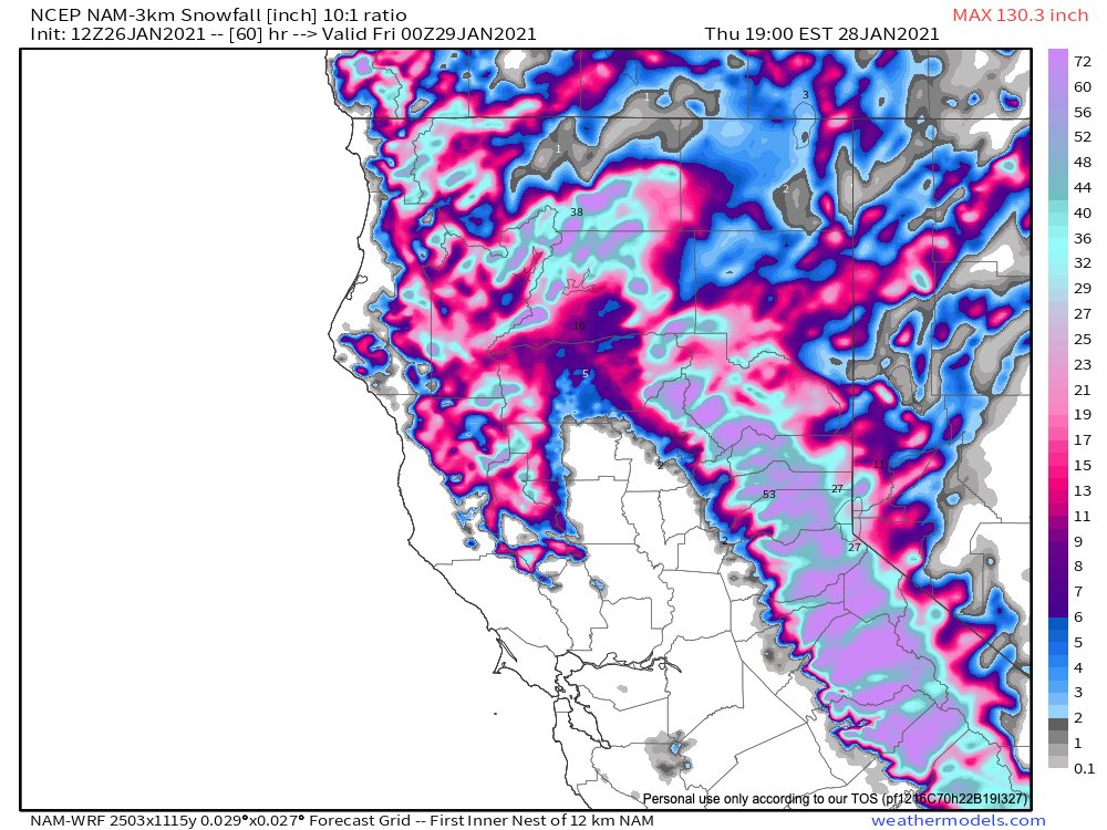 Meanwhile across the northern and central Sacramento Valley, a very rare heavy snowfall event will unfold. Some places near the Valley floor (near Redding and even Red Bluff) could see a foot or more of accumulation (!). Some lighter snow possible even south of that. (6/10)  #CAwx