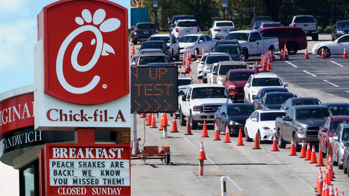 fox13's tweet image. After a @ChickfilA employee jumped in to help, the long wait at a drive-thru vaccine site dropped to just 15 minutes bit.ly/3iMsFqr