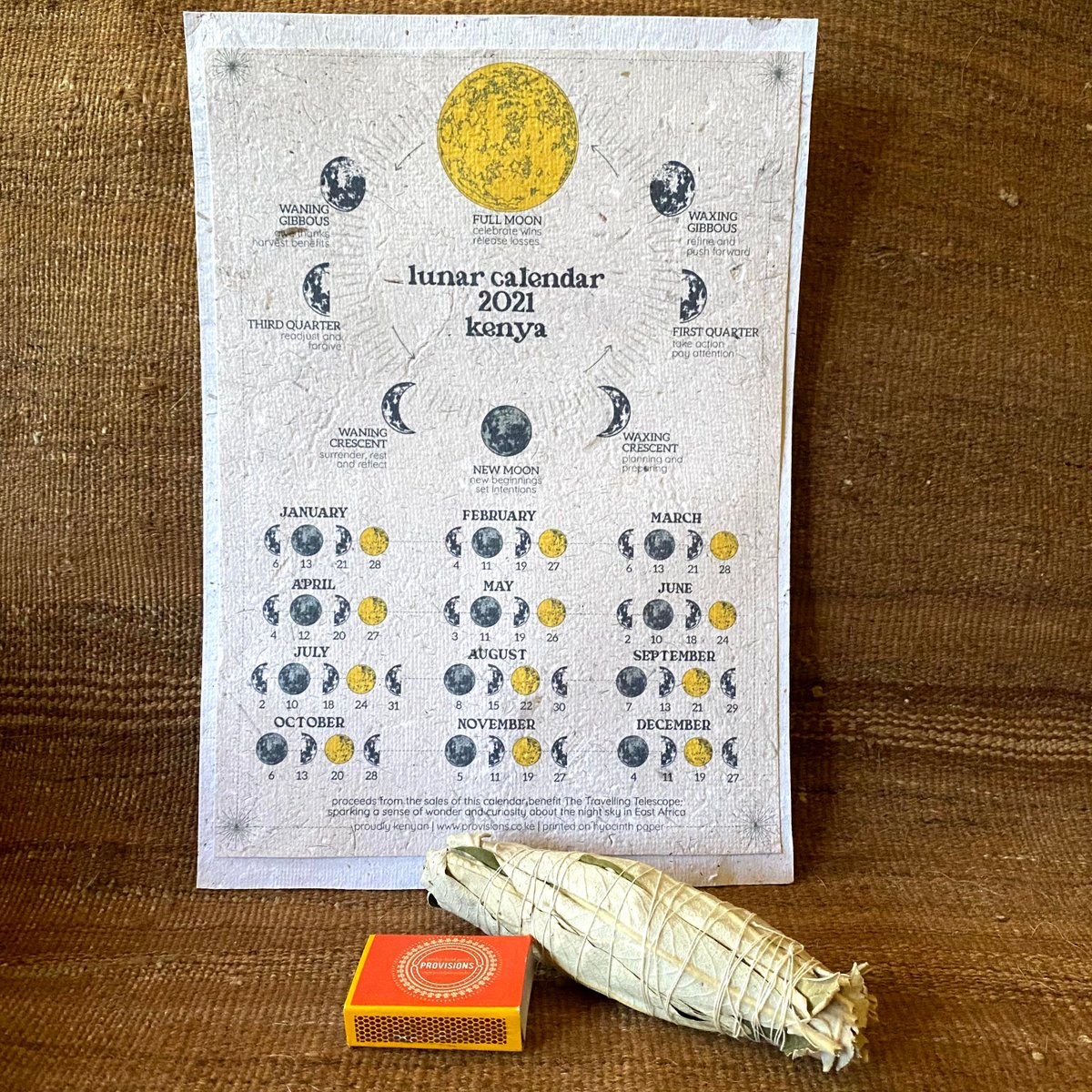 ProvisionsKenya's tweet photo. On Thursday, we will experience the first full moon of 2021. We are offering a special discounted gift set with the purchase of one of our lunar calendars: receive a gorgeous notebook designed by @_kulula, paired with newspaper pencils.
#lunarcalendar #madeinKenya #fullmooninLeo https://t.co/j7wCJfNhLj