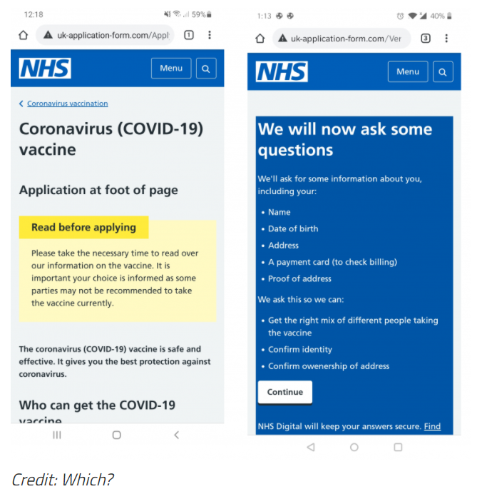 A very convincing fake website, replicating the official NHS site. On the page it says you need to 'apply' for your vaccination - this is a sign that it the page is part of a scam. Another section lists that you will need a payment card to check for billing - this is another tell-tale sign of this scam as legitimate contact from the NHS would never ask you for this information.