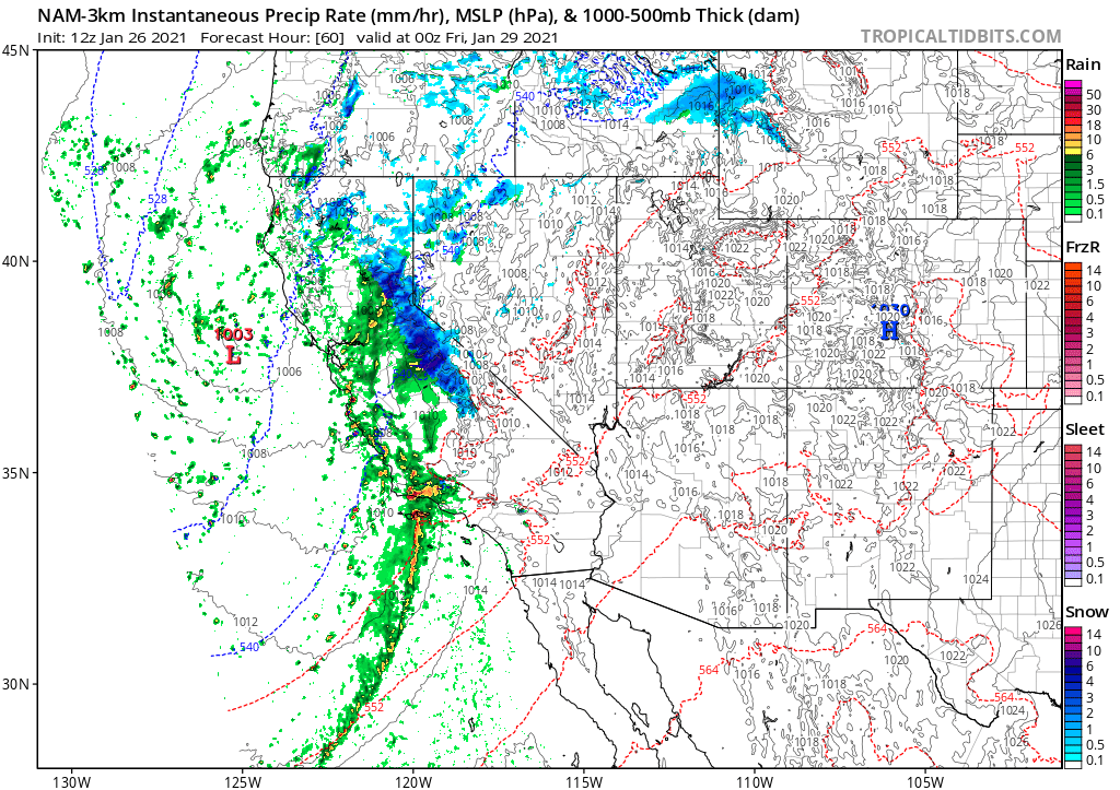 Finally, on Thurs, the cold front/AR will shift southward down the coast. Impacts will be less severe in SoCal than across northern&central CA, but this will still be a pretty robust system as it brings a briefer period of heavy rain/snow to SoCal. (10/10)  #CAwx