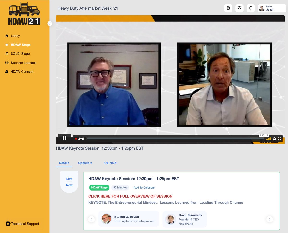 HDAWConference's tweet photo. The #VirtualHDAW Keynote with Steve Bryan and David Seewack is underway. These two entrpreneurs are discussing lessons learned from leading through change. 

#HDAW21  #heavyduty  @FinditParts https://t.co/Q0ElYJ2nH2