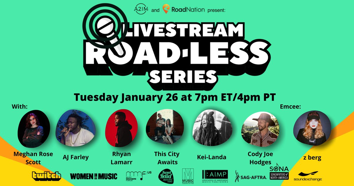 #RoadLessSeries bringing the 🔥 tonight. * @meggoo0 * @ThisCityAwaits * @LamarrRhyan * @CodyJoeHodges * @Kei_Landa * AJ Farley @Zeezerizer as your emcee and a distinguished posse of music family supporters. 🙏🏼 7:00 p.m. EST: twitch.tv/roadnationoffi…