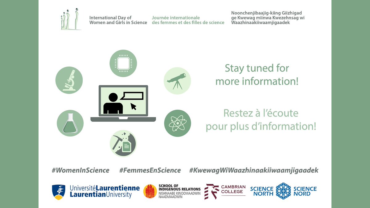 CROSH_CRSST's tweet image. February 11th is the International Day of Women and Girls in Science! @LaurentianU in partnership with @MIRprogram1 @CambrianCollege and @ScienceNorth will be hosting a series of videos from amazing women in #STEM. Stay tuned for more info! #WomenInScience