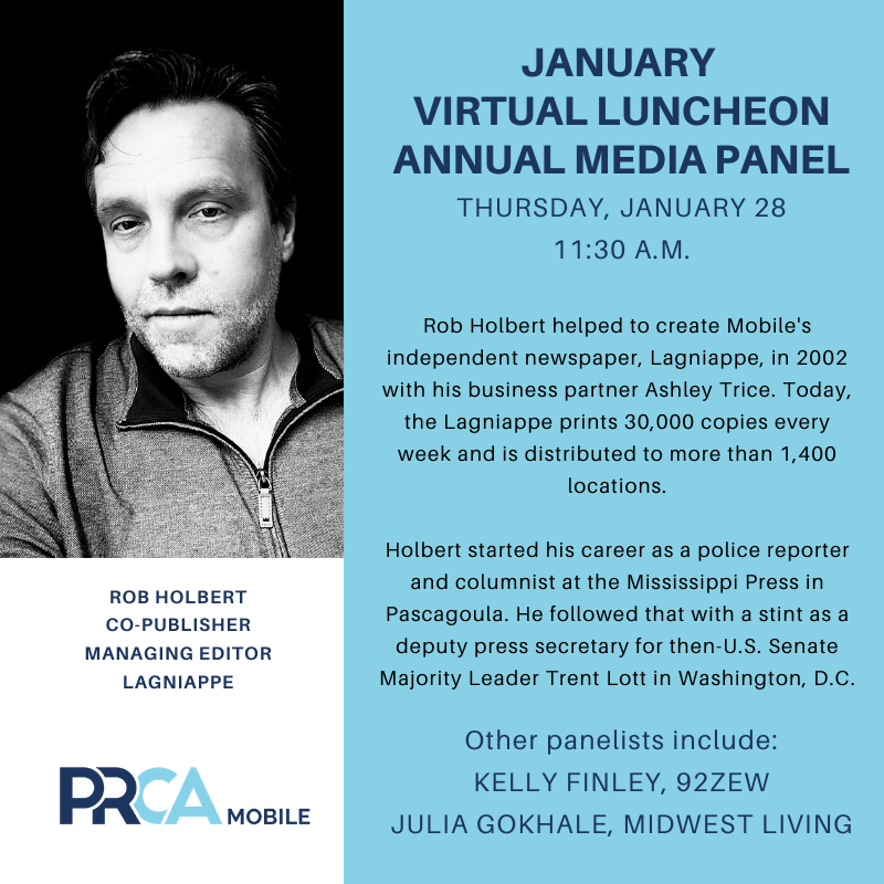 PRCAMobile's tweet photo. Our first luncheon of 2021 is this Thursday, January 28. @LagniappeMobile's Rob Holbert joins the media panel. 

Register to attend at:
https://t.co/CiGqclXZQ7. https://t.co/4gVAfw8aCA