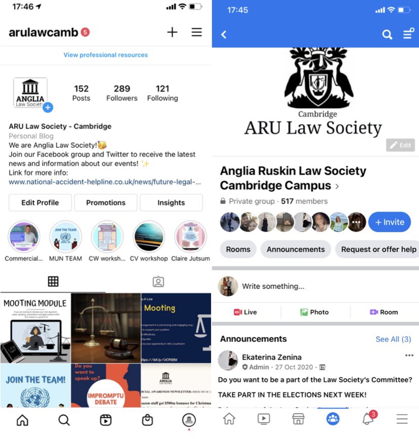 Make sure you are following us on Instagram and join our closed Facebook group in order to keep up to date with the society and our events!

@arulawcamb on instagram
Search “Anglia Ruskin Law Society Cambridge Campus” on Facebook!