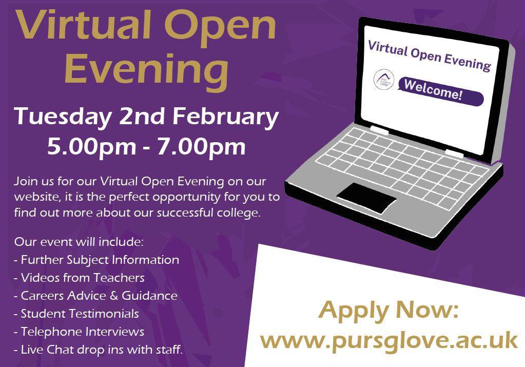 Reminder to Y11 and parents that @PriorPursglove College have their Virtual Open Evening next Tuesday, 2 February 5pm-7pm. Lots to inspire you and help with deciding on post-16 courses and making applications. #datefordiary Apply: pursglove.ac.uk