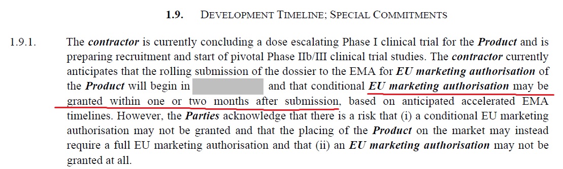 17. Here the basis of timely fulfillment of the contractual obligations is contingent on EMA conditional approval within 1 - 2 months of data submission by the pharma firm.