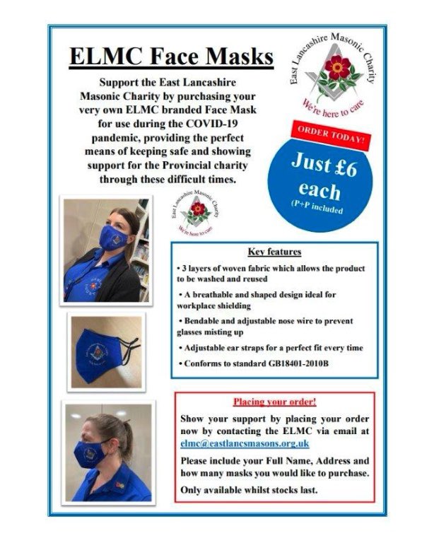 ELMCHewlettCt's tweet photo. *ELMC FACE MASKS*

Support the East Lancashire Masonic Charity by purchasing your very own ELMC branded Face Mask to use during the COVID-19 pandemic, providing the perfect means of keeping safe &amp; showing support for the Provincial charity through these difficult times #StaySafe https://t.co/MoDFMyLytM