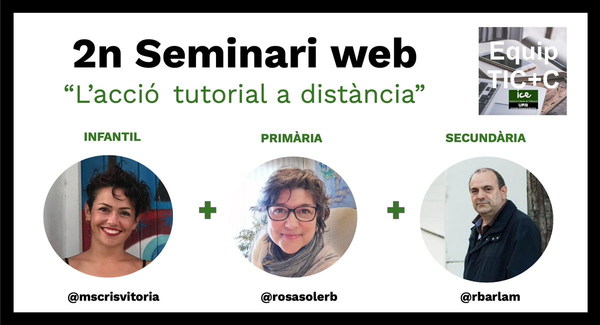 TIC_iceuab's tweet photo. Us convidem al 2n #seminariweb de l'equip:
📌 L'acció tutorial a distància
⏰ Demà, dimecres 27, a les 18h
👥 @mscrisvitoria @rosasolerb i @rbarlam 
🔗https://t.co/EcOW33m82k

Us animem a participar en directe a través del xat! #webinar #tutoria #apeudaula https://t.co/lCx7B2N4dq