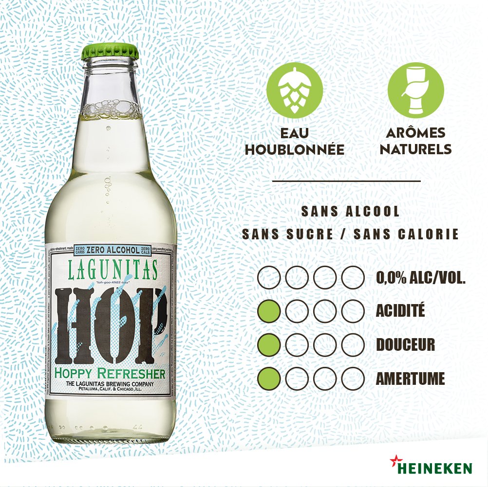 HEINEKENFrance's tweet photo. Connaissez-vous la dernière innovation #Lagunitas ? Contrairement aux autres références de la brasserie, #HoppyRefresher n'est pas une bière, mais une eau #houblonnée! 🌿 0% d'alcool et 100% de raisons de la déguster en toute occasion !  
👉 https://t.co/RwhikguNja https://t.co/7ddXqG51xI