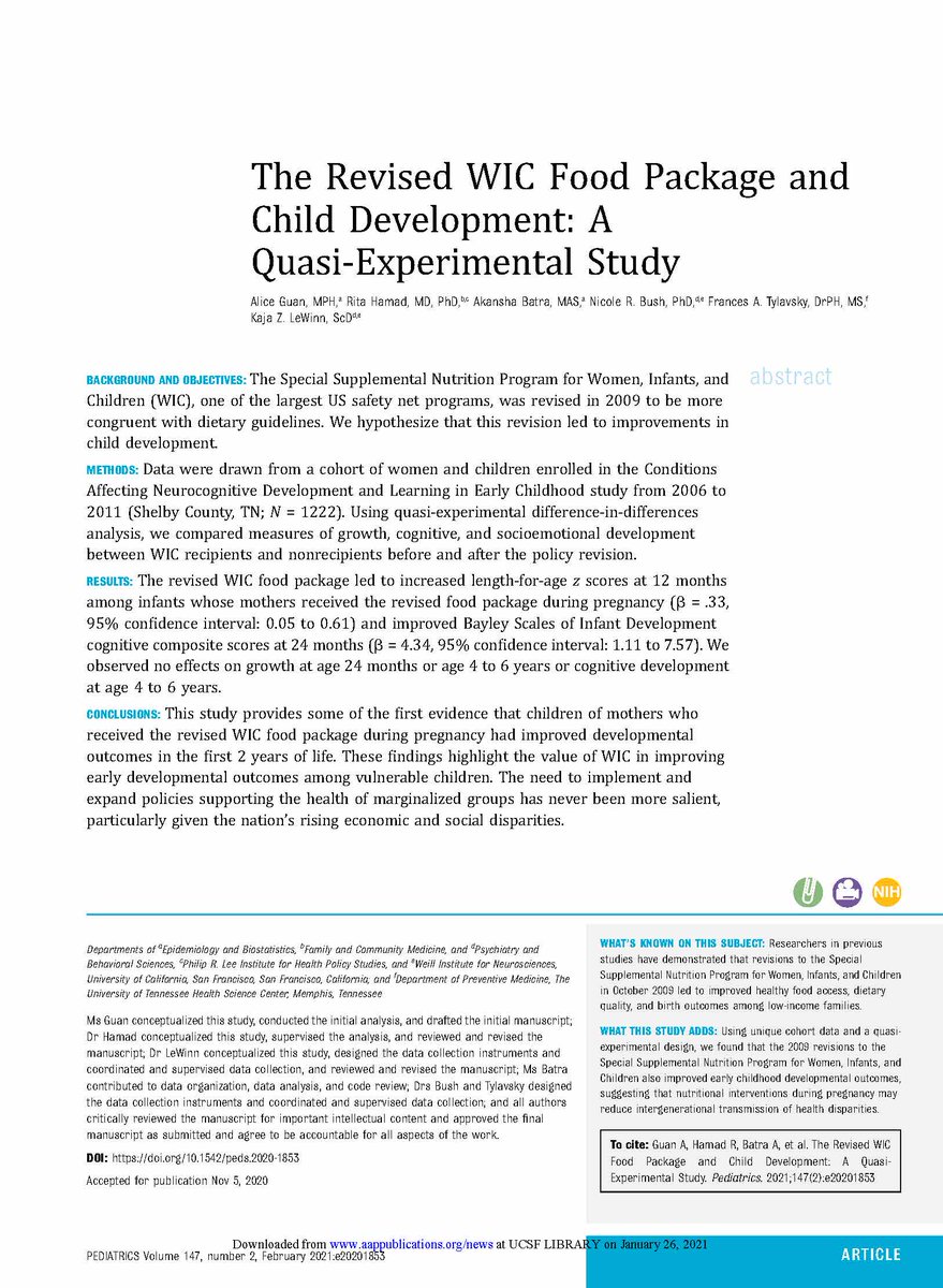 Just out! #WIC policy that provided healthier foods to low-income moms in pregnancy led to improvements in child health. Policy as a lever for #pophealth! Study led by Alice Guan, our fabulous PhD student @UCSF_Epibiostat. pediatrics.aappublications.org/content/early/… @AAPJournals @KajaLewinn @uthsc