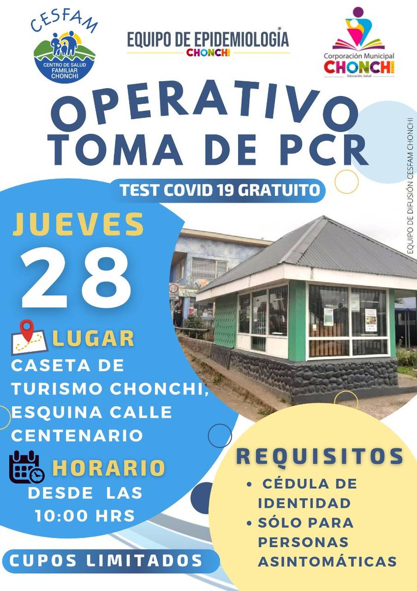 Este jueves 28 de enero 2021, operativo de Toma de PCR gratuito, debes acceder desde las 10:00 con tu cédula de identidad en la caseta de turismo