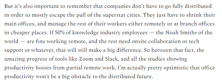 6/Does that mean people can work productively away from the office ALL of the time?It's not clear yet. But remember, in order to shift out of top cities, tech companies only need to shift PART of their workforce to 100% remote.That seems very doable.