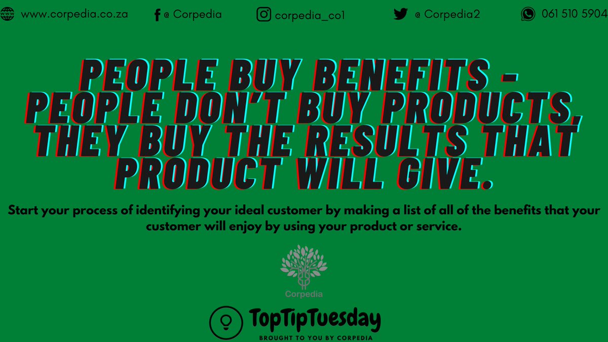 Corpedia2's tweet image. Identify your ideal Customer - Ask the right Questions - Sell only the benefits that will fit your customers needs 😎
#TopTipTuesday #SalesTips #FeaturesAndBenefits