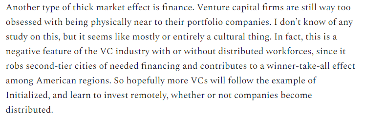 9/VCs will also have to get used to investing in companies remotely.In fact, this was a shift that needed to happen long ago, because VCs' cultural preference for in-person investing means that a lot of cities unfairly lose out.