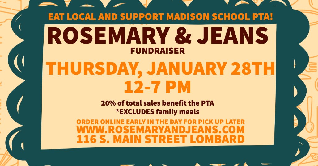 Order out local THIS THURSDAY and help support the Madison PTA!  (Please call early for pick up later in the day!) <a href="/LilacVillage/">Village of Lombard</a> @tweetsfrom44 <a href="/MD_BullDogs/">Madison Elementary School</a>