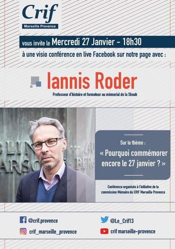 Ne ratez pas cette conférence-débat organisée par la commission mémoire du crif, en direct de la page Facebook du @Le_Crif13 #MarseilleProvence.
#iannisroder