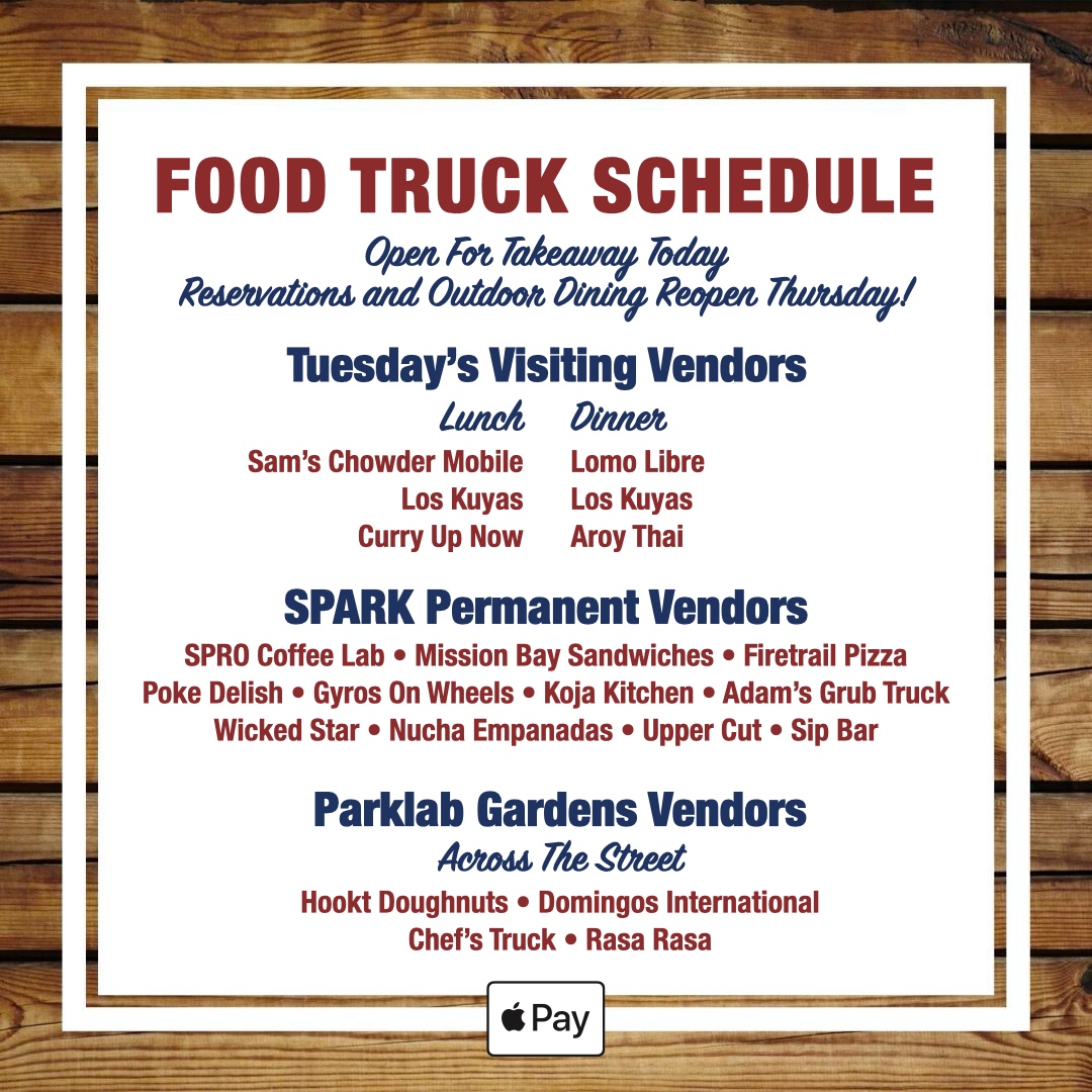 Outdoor Dining and Reservations reopen Thursday🎉 sparksocialsf.com/reservations
@chowdermobile <a href="/LosKuyas/">Los Kuyas</a> <a href="/CurryUpNow/">Curry Up Now</a> <a href="/LomoLibre/">Lomo Libre Cantina</a> AroyThai SPROCoffeeLab MissionBaySandos <a href="/FiretrailPizza/">FiretrailPizza</a> <a href="/PokeDelish/">Poke Delish</a> <a href="/GyrosonWheels7/">Gyros on Wheels</a> <a href="/KoJaKitchen/">KoJa Kitchen</a> <a href="/adamsgrubtruck/">Adam's Grub Truck</a> <a href="/wickedstarsf/">Wicked Star</a> <a href="/nuchaempanadas/">Nucha Empanadas</a> UpperCut SipBar