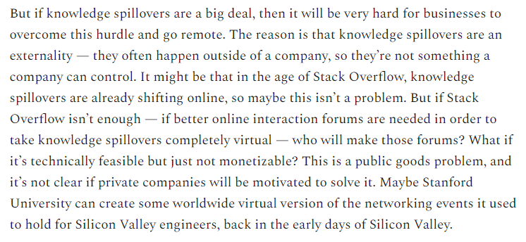 13/Maybe universities, or industry associations, or other actors can try to recreate virtual spaces where engineers can mix, mingle, and share ideas? Just spitballing here.Anyway, this going to be a taller order than switching companies over to Zoom/Slack.