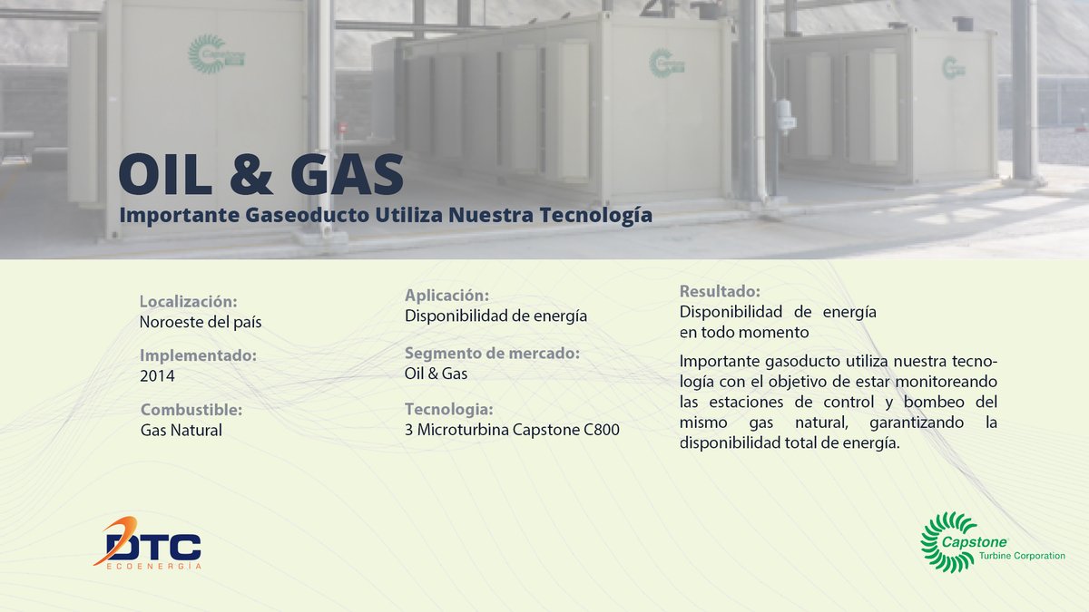 DTCSoluciones's tweet photo. OIL &amp; GAS Microturbinas Capstone Disponibilidad de Energía en Todo Momento
#oil #gas #EnergiaRenovable #EnergiaLimpia #EficienciaEnergetica #IndustriaVerde #ReduccionDeEmisiones #Energia https://t.co/UZ3NmApVQx