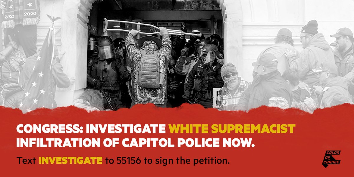 ColorOfChange's tweet photo. We demand an investigation + an aggressive policy agenda to root out the white supremacy & anti-Black racism that puts ALL OF US in danger.
We support @JamaalBowmanNY's proposed #COUPAct and applaud him for his leadership.
Join us. Sign the petition now: https://t.co/w84fTvfZL4 https://t.co/LjgJcxX39G