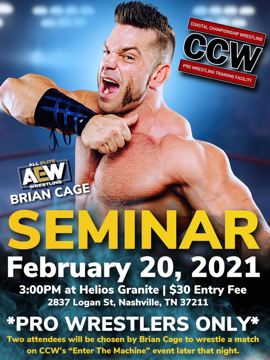 CCWAliveTV's tweet image. 🚨 NASHVILLE 🚨 

@MrGMSI_BCage seminar,
February 20th, 3pm 

$30, pro wrestlers of all ability and experience level permitted. 

Don’t miss this opportunity to learn from one of #AEW’s hottest stars.

#Nashville #wrestlingcommunity #wrestlingtraining #wreddit #seminar #Impact