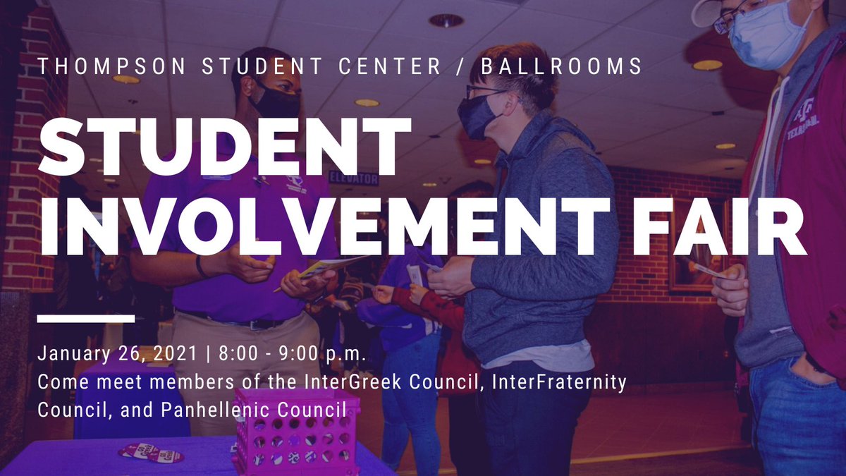 Come see us at the Student Involvement Fair tonight in the Thompson Student Center Ballrooms from 8 p.m. to 9 p.m.