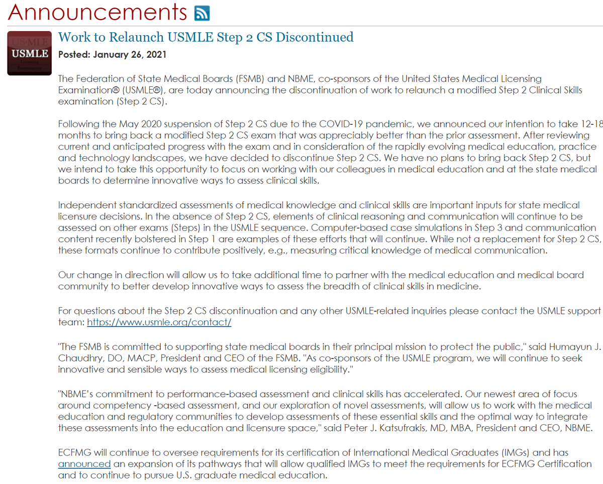 Major announcement from the @USMLE <a href="/NBMEnow/">NBME</a> <a href="/TheFSMB/">FSMB</a>: They have decided to discontinue Step 2 CS and forgo plans to revitalize the examination in its current form.

<a href="/jbcarmody/">Bryan Carmody</a> <a href="/NBOME/">National Board of Osteopathic Medical Examiners</a> <a href="/COSGP/">COSGP</a> <a href="/NationalSOMA/">National SOMA</a> <a href="/AMAmedstudents/">AMA Medical Students</a> #MedTwitter #MedStudentTwitter 
usmle.org/announcements/…