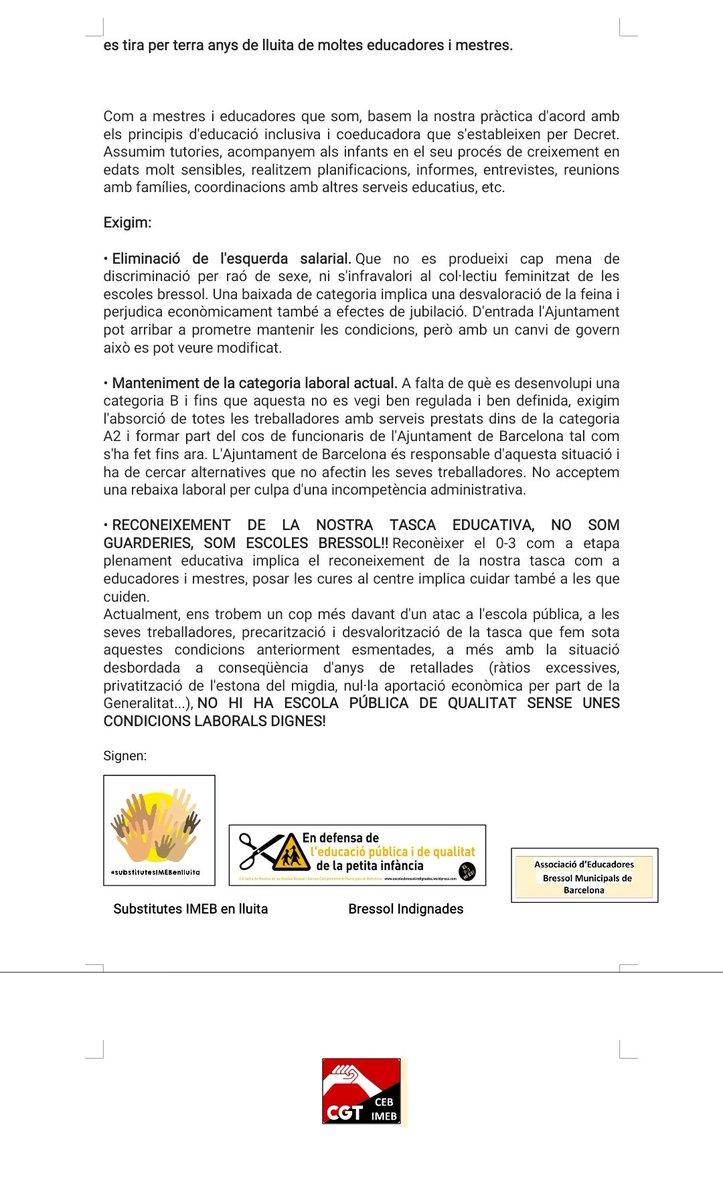 Substitutes_IMEB_enlluita (@s_enlluita_imeb) on Twitter photo Manifest contra la precarització laboral de les educadores i mestres de les escoles bressol de Barcelona. No acceptarem unes opos C1, simplement perquè no és la categoria laboral que ens pertoca.<a href="/Bressolrebelat/">Bressolindignades</a> <a href="/La_Directa/">Directa</a> @cgtcebimeb <a href="/mariatrusal/">Maria Truñó 🍉</a> <a href="/SubstitutesL/">substitutes_en_lluita</a> <a href="/AdaColau/">Ada Colau 💜🌈🔻</a> Manifest contra la precarització laboral de les educadores i mestres de les escoles bressol de Barcelona. No acceptarem unes opos C1, simplement perquè no és la categoria laboral que ens pertoca.<a href="/Bressolrebelat/">Bressolindignades</a> <a href="/La_Directa/">Directa</a> @cgtcebimeb <a href="/mariatrusal/">Maria Truñó 🍉</a> <a href="/SubstitutesL/">substitutes_en_lluita</a> <a href="/AdaColau/">Ada Colau 💜🌈🔻</a>