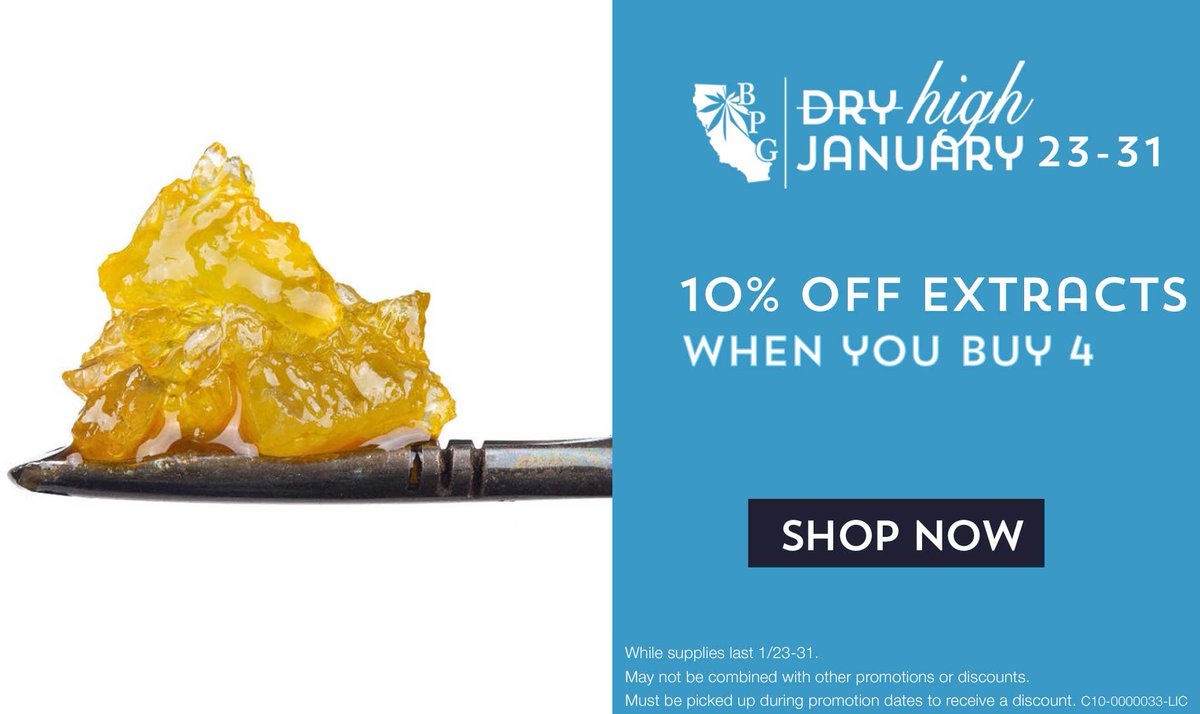 BPGtweet's tweet photo. Stock up on all your favorites for a limited time!

Buy 4, Get 10% off all Extracts 🍯 now through January 31st! 

Order for Delivery or Curbside Pick Up: https://t.co/yX3oI7KN2B

#HighJanuary #DryJanuary #Cannuary #HighDryJanuary #CaliforniaSober https://t.co/VVHudHosIn