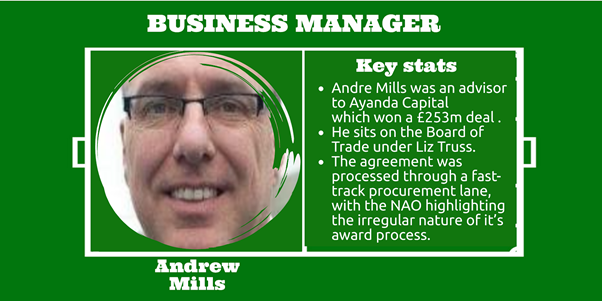 Andrew Mills: as an advisor to Ayanda, he brokered a £253m deal while sitting on the board of trade under Minister Liz Truss. The agreement was through a fast-track procurement lane, with NAO highlighting it's irregular nature. COME ON!  https://www.mirror.co.uk/news/politics/fury-over-1billion-coronavirus-deals-22885550