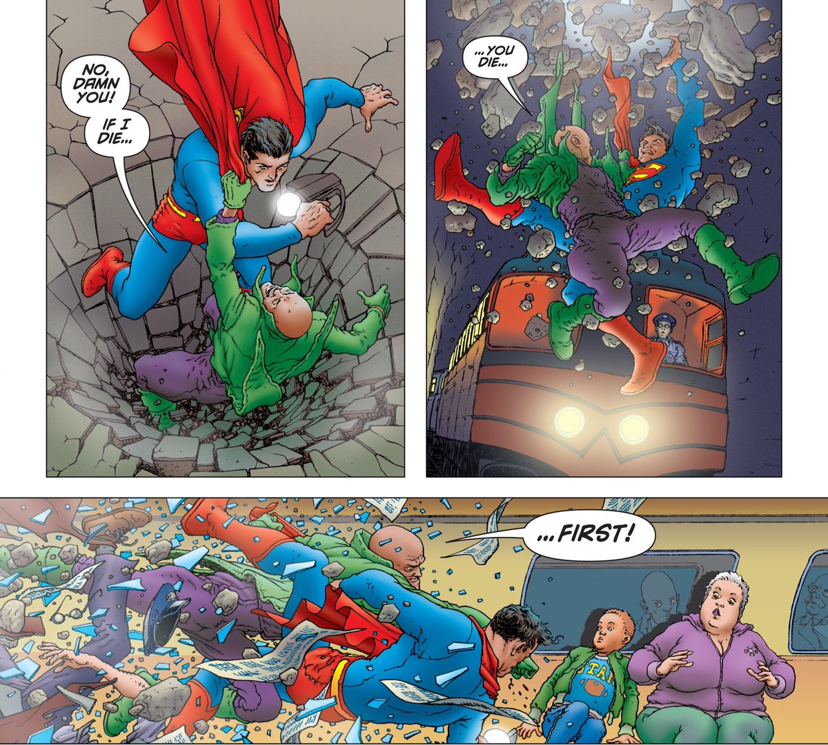 I love the way Quitely takes his time with the little details. He way he draws every little piece of everything that breaks apart and melts makes the whole fight feel more frantic.