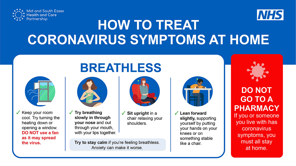 If you're feeling breathless, keep your room cool. Do not use a fan as it may spread the virus. Try to stay calm - anxiety can make it worse.Lean forward slightly, supporting yourself by putting your hands on your knees #COVIDSelfCare