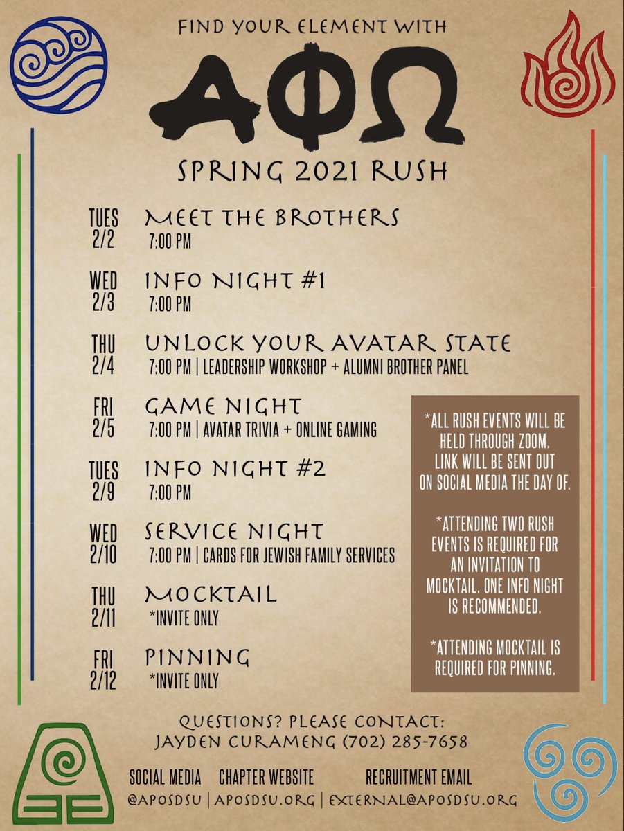 APOSDSU's tweet photo. FIND YOUR ELEMENT WITH ΑΦΩ 🌊🪨🔥🌪 Spring 2021 Rush is finally here! Interested in rushing this semester? Fill out the Interest Form and check out our Facebook Event page for more information: https://t.co/9AHkFqjuXB https://t.co/PjhItbnOTQ
