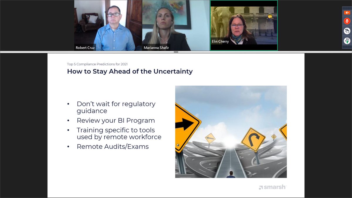 _Elinphant_'s tweet photo. We hope you all feel more prepared to navigate the compliance challenges of 2021 after tuning into @SmarshInc webinar today. Thank you @RobertCruz03 and Marianna Shafir for having me join in on the conversation. #compliance #2021challenges https://t.co/nGdYRfonKz