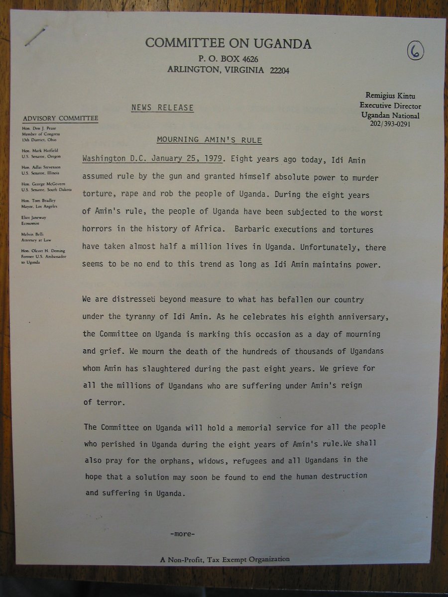 Forty-two years ago, yesterday, members of the Committee on Uganda appealed to President Jimmy Carter  @CarterCenter, following earlier measures, to expand 'disassociation with the Amin regime to include the removal of his official representatives from the nation's capital.' 3/5