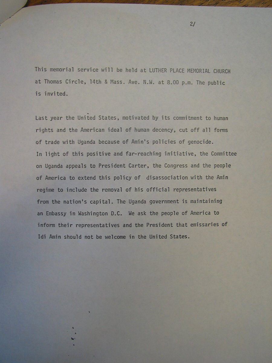 Forty-two years ago, yesterday, members of the Committee on Uganda appealed to President Jimmy Carter  @CarterCenter, following earlier measures, to expand 'disassociation with the Amin regime to include the removal of his official representatives from the nation's capital.' 3/5